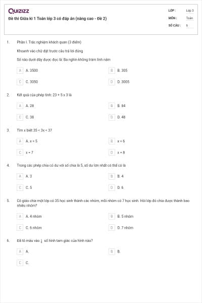 Đề thi Giữa kì 1 Toán lớp 3 có đáp án (nâng cao - Đề 2)