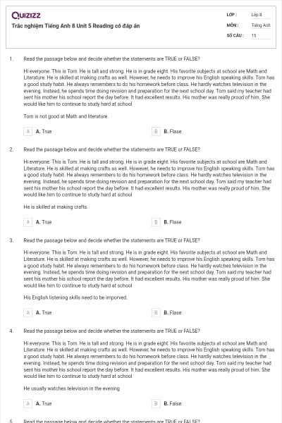 Trắc nghiệm Tiếng Anh 8 Unit 5 Reading có đáp án