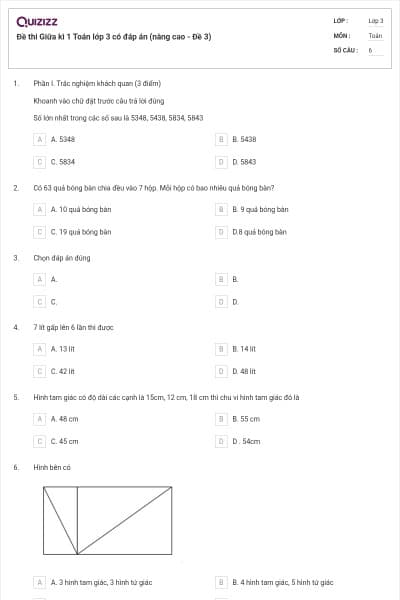 Đề thi Giữa kì 1 Toán lớp 3 có đáp án (nâng cao - Đề 3)