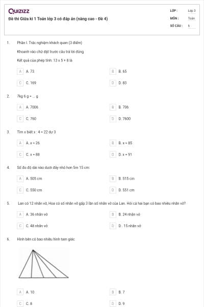 Đề thi Giữa kì 1 Toán lớp 3 có đáp án (nâng cao - Đề 4)