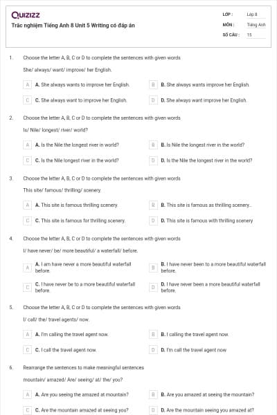 Trắc nghiệm Tiếng Anh 8 Unit 5 Writing có đáp án