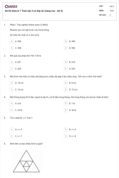 Đề thi Giữa kì 1 Toán lớp 3 có đáp án (nâng cao - Đề 5)