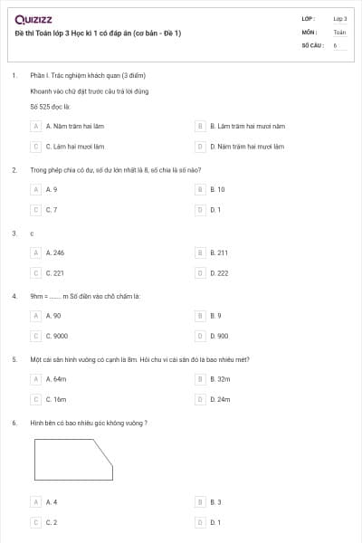 Đề thi Toán lớp 3 Học kì 1 có đáp án (cơ bản - Đề 1)