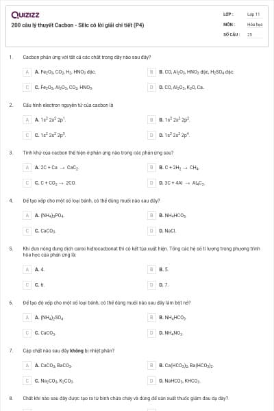 200 câu lý thuyết Cacbon - Silic có lời giải chi tiết (P4)