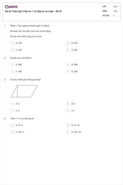 Đề thi Toán lớp 3 Học kì 1 có đáp án (cơ bản - Đề 4)