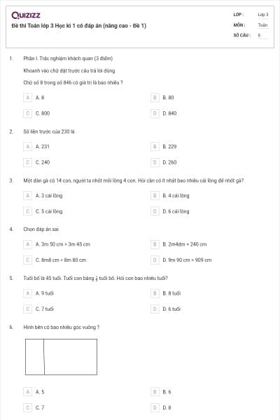 Đề thi Toán lớp 3 Học kì 1 có đáp án (nâng cao - Đề 1)