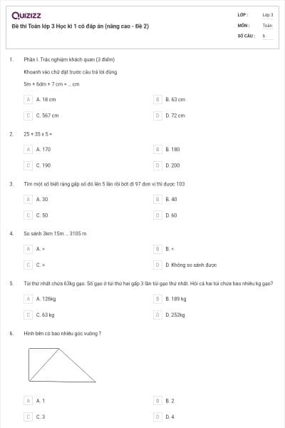 Đề thi Toán lớp 3 Học kì 1 có đáp án (nâng cao - Đề 2)