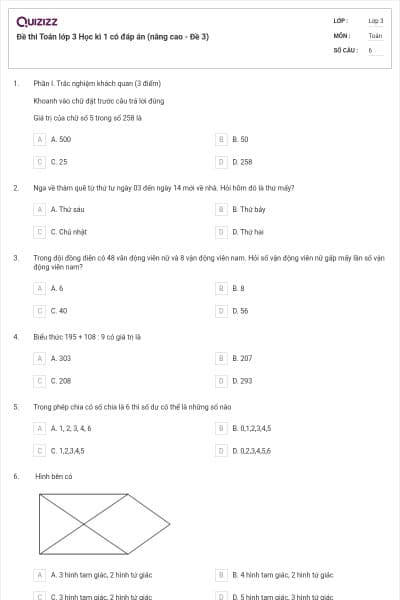 Đề thi Toán lớp 3 Học kì 1 có đáp án (nâng cao - Đề 3)