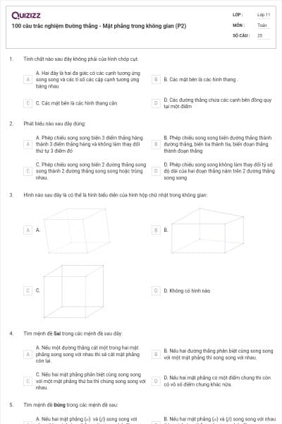 100 câu trắc nghiệm Đường thẳng - Mặt phẳng trong không gian (P2)