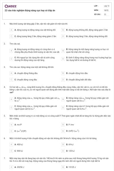 22 câu trắc nghiệm Động năng cực hay có đáp án