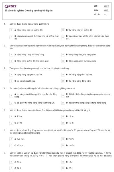 20 câu trắc nghiệm Cơ năng cực hay có đáp án