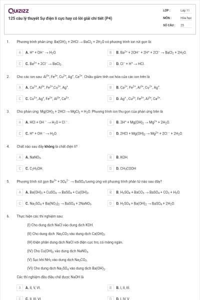 125 câu lý thuyết Sự điện li cực hay có lời giải chi tiết (P4)