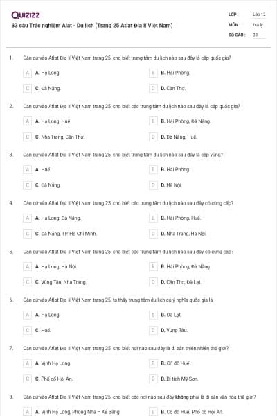 33 câu Trắc nghiệm Alat - Du lịch (Trang 25 Atlat Địa lí Việt Nam)