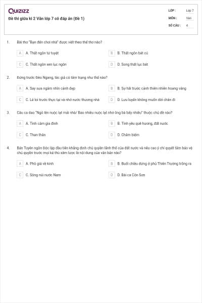 Đề thi giữa kì 2 Văn lớp 7 có đáp án (Đề 1)