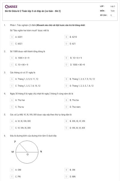 Đề thi Giữa kì 2 Toán lớp 3 có đáp án (cơ bản - Đề 2)