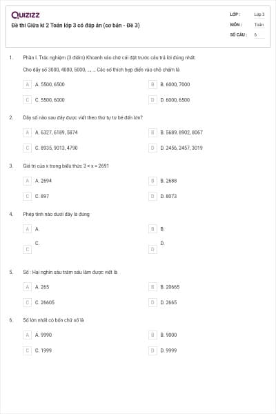 Đề thi Giữa kì 2 Toán lớp 3 có đáp án (cơ bản - Đề 3)