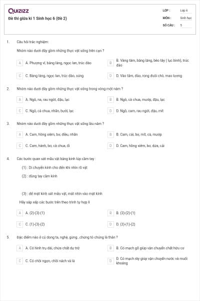 Đề thi giữa kì 1 Sinh học 6 (Đề 2)