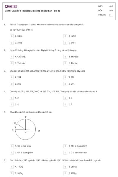Đề thi Giữa kì 2 Toán lớp 3 có đáp án (cơ bản - Đề 4)
