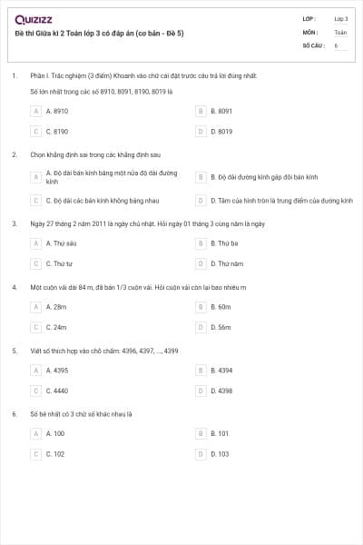 Đề thi Giữa kì 2 Toán lớp 3 có đáp án (cơ bản - Đề 5)