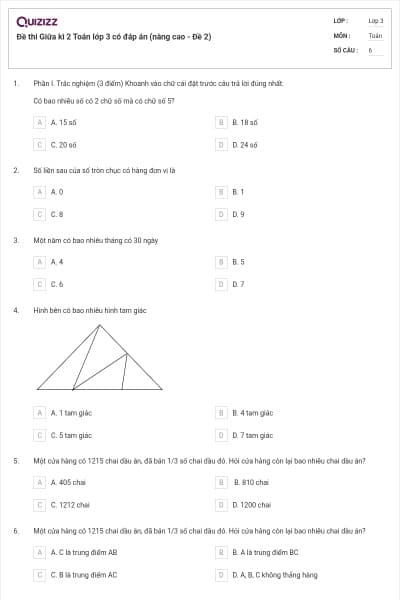 Đề thi Giữa kì 2 Toán lớp 3 có đáp án (nâng cao - Đề 2)