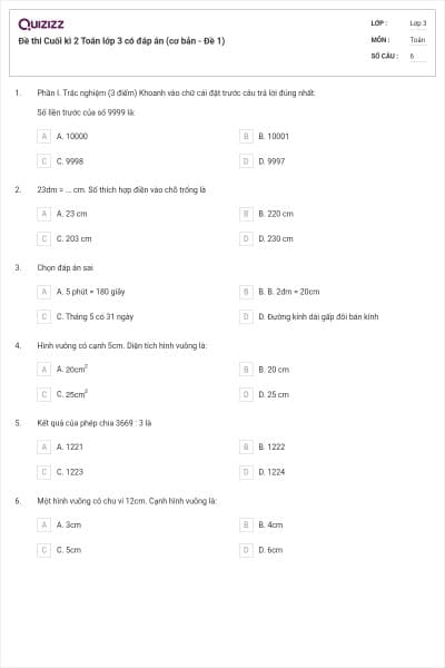 Đề thi Cuối kì 2 Toán lớp 3 có đáp án (cơ bản - Đề 1)