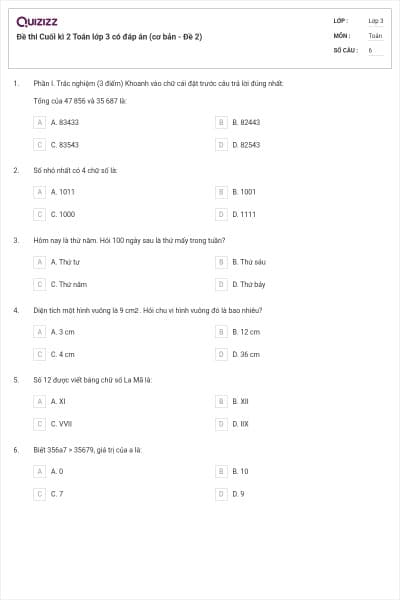 Đề thi Cuối kì 2 Toán lớp 3 có đáp án (cơ bản - Đề 2)