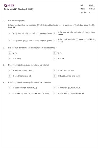 Đề thi giữa kì 1 Sinh học 6 (Đề 5)