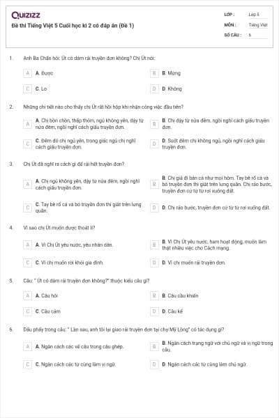 Đề thi Tiếng Việt 5 Cuối học kì 2 có đáp án (Đề 1)