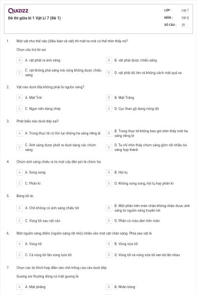 Đề thi giữa kì 1 Vật Lí 7 (Đề 1)