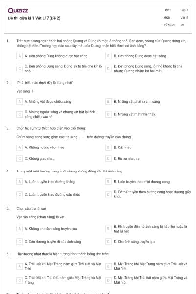 Đề thi giữa kì 1 Vật Lí 7 (Đề 2)