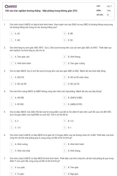 100 câu trắc nghiệm Đường thẳng - Mặt phẳng trong không gian (P3)
