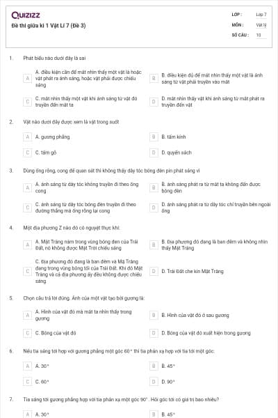 Đề thi giữa kì 1 Vật Lí 7 (Đề 3)