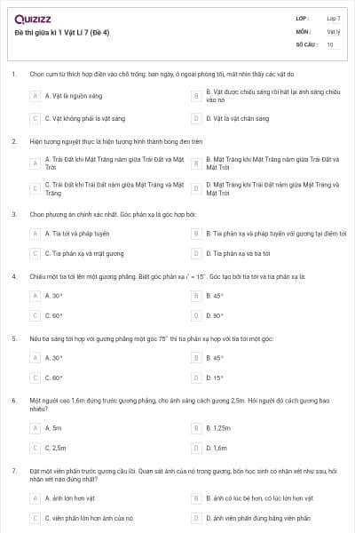 Đề thi giữa kì 1 Vật Lí 7 (Đề 4)
