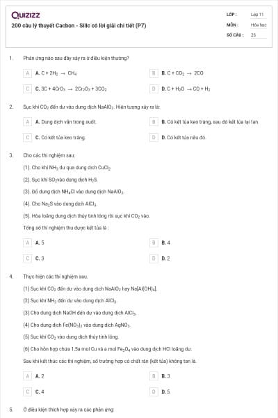 200 câu lý thuyết Cacbon - Silic có lời giải chi tiết (P7)