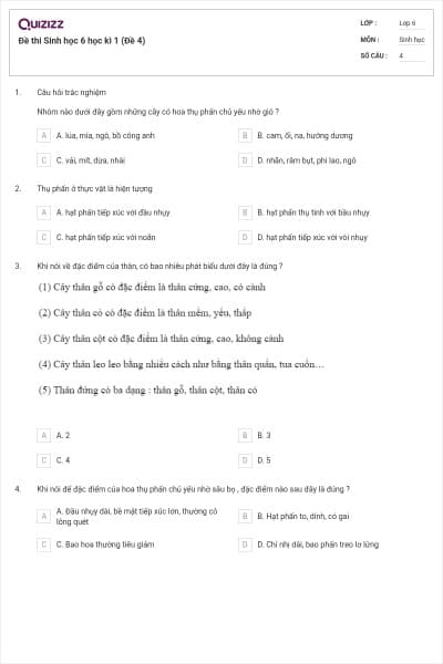 Đề thi Sinh học 6 học kì 1 (Đề 4)