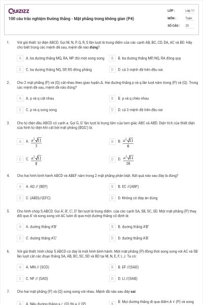 100 câu trắc nghiệm Đường thẳng - Mặt phẳng trong không gian (P4)