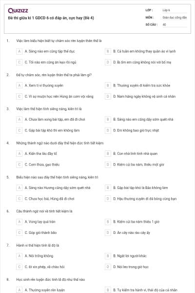 Đề thi giữa kì 1 GDCD 6 có đáp án, cực hay (Đề 4)