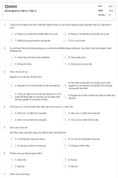 Đề thi giữa kì 2 Vật Lí 7 (Đề 1)