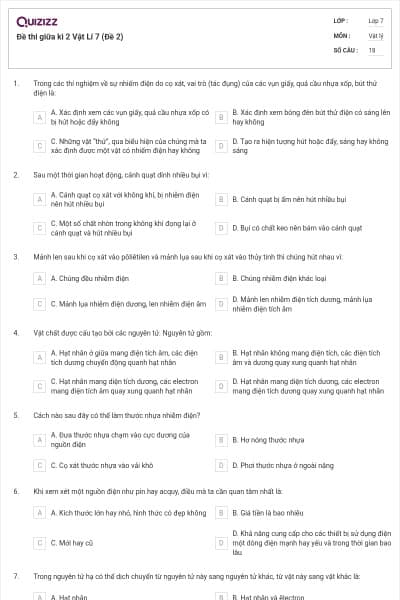 Đề thi giữa kì 2 Vật Lí 7 (Đề 2)