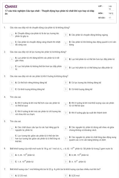 17 câu trắc nghiệm Cấu tạo chất - Thuyết động học phân tử chất khí cực hay có đáp án