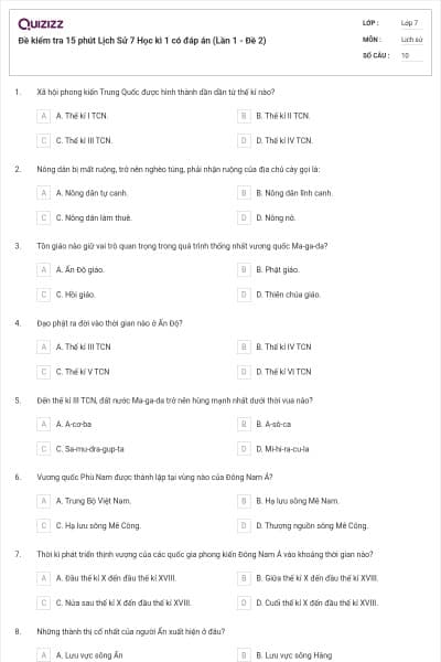 Đề kiểm tra 15 phút Lịch Sử 7 Học kì 1 có đáp án (Lần 1 - Đề 2)