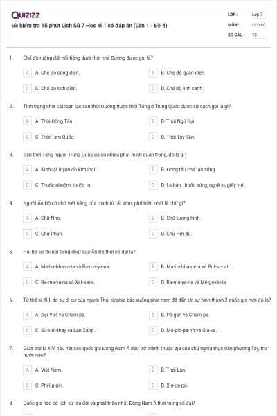 Đề kiểm tra 15 phút Lịch Sử 7 Học kì 1 có đáp án (Lần 1 - Đề 4)