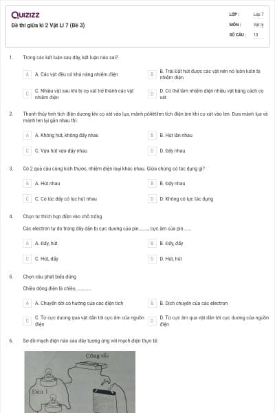 Đề thi giữa kì 2 Vật Lí 7 (Đề 3)