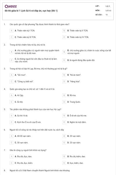Đề thi giữa kì 1 Lịch Sử 6 có đáp án, cực hay (Đề 1)