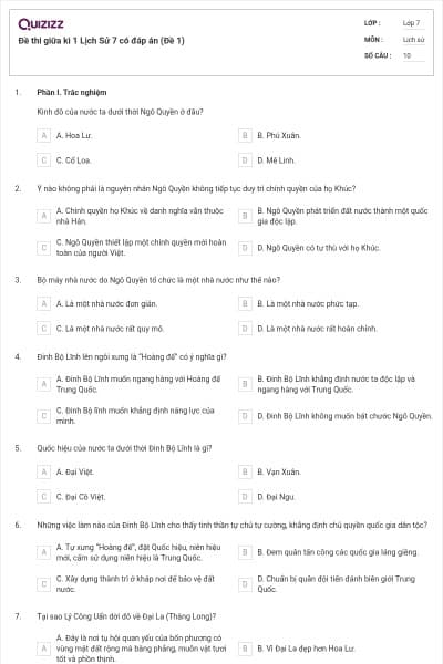 Đề thi giữa kì 1 Lịch Sử 7 có đáp án (Đề 1)