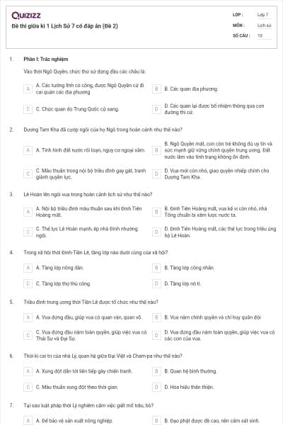 Đề thi giữa kì 1 Lịch Sử 7 có đáp án (Đề 2)