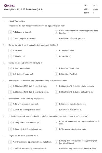 Đề thi giữa kì 1 Lịch Sử 7 có đáp án (Đề 3)