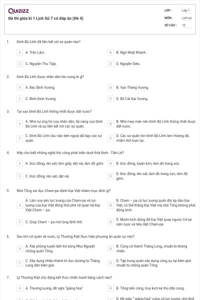 Đề thi giữa kì 1 Lịch Sử 7 có đáp án (Đề 4)