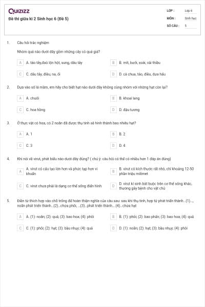 Đề thi giữa kì 2 Sinh học 6 (Đề 5)
