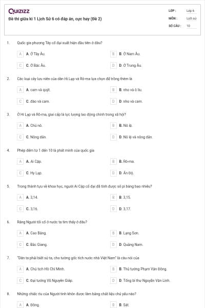 Đề thi giữa kì 1 Lịch Sử 6 có đáp án, cực hay (Đề 2)